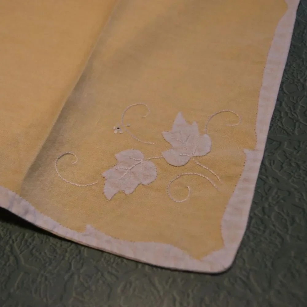 Vintage 50s Yellow Embroidered Ivy Luncheon Napkin Set 9 Satin Edge Mid Century